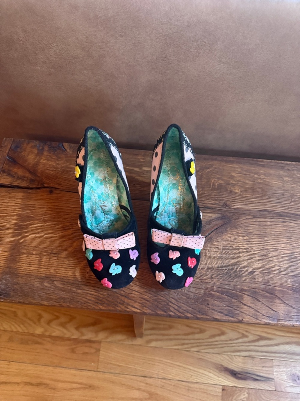 Irregular Choice Black Heels with Pink Bow and Multicolor Heart Appliqués
